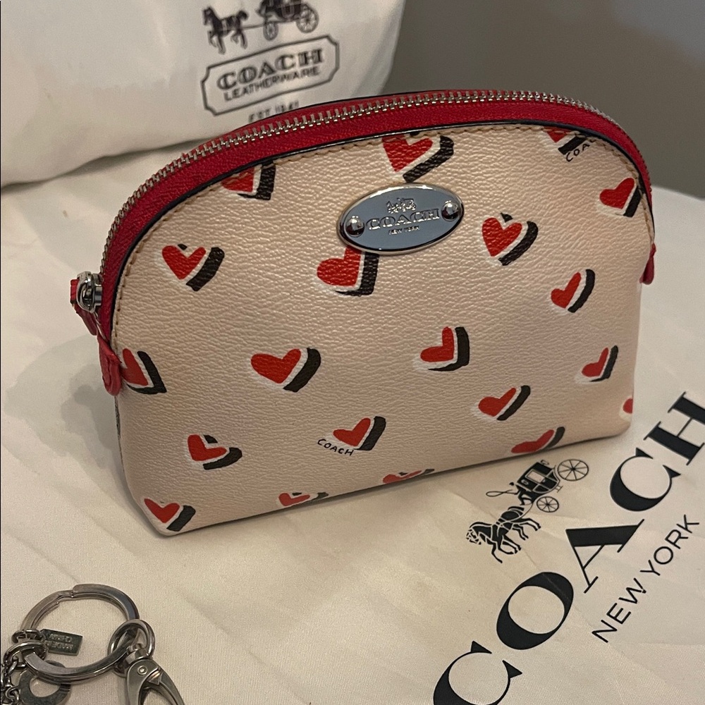 Coach Heart Pattern Cosmetic Bag - Cream and Red